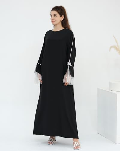 Luxury Black Abaya Dress with Intricate Lace Cuffs Full-Coverage Modest Wear for Muslim Women Elegant Prayer Dress - size: Medium