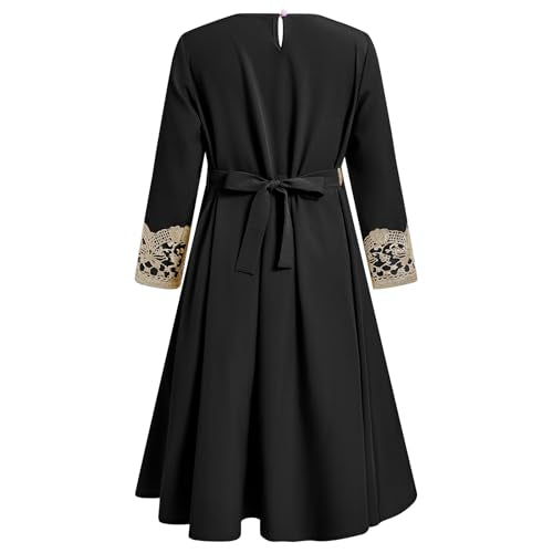 FYMNSI Kids Girls Muslim Abaya Dress Modest Lace Belted Prayer Dress Islamic Maxi Robe Kaftan Ramadan Arabian Dubai Clothes - color: Black, size: 8-9 Years