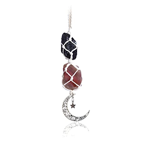 BOHO GARDEN Hanging Car Charm - Black Tourmaline & Carnelian - Dangling Moon, Healing Crystal Accessories, Rearview Mirror Decorations - Grounding, Confidence, Protection, Transformation, Joy, Energy - color: Tourmaline-carnelian