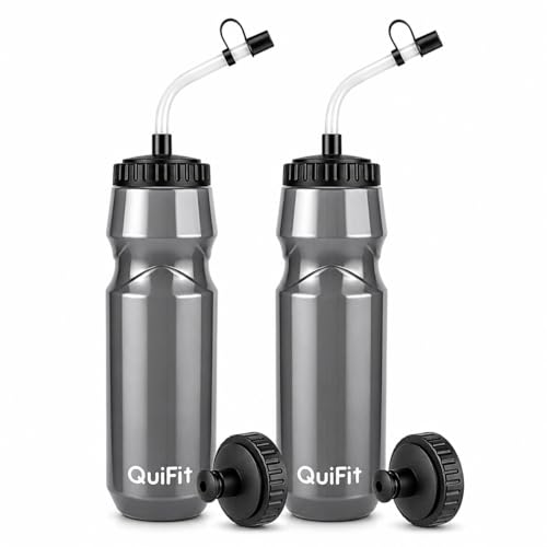 QuiFit Lacrosse Water Bottle with Long Straw -32oz Hockey Water Bottle 2 Pack with 2 Lids Each- BPA Free Squeeze Sports Water Bottles, Leakproof Dishwasher Safe- for Helmet,Lacrosse (Gray) - color: Gray