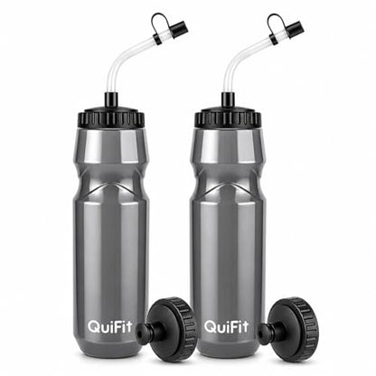 QuiFit Lacrosse Water Bottle with Long Straw -32oz Hockey Water Bottle 2 Pack with 2 Lids Each- BPA Free Squeeze Sports Water Bottles, Leakproof Dishwasher Safe- for Helmet,Lacrosse (Gray) - color: Gray