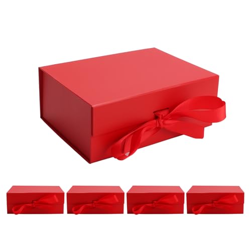 kaxilu Red Gift Boxes with Ribbon Foldable Gift Boxes Set of 5 Magnetic Gift Boxes for Presentations and Groomsmen Proposal, Glossy Finish,Large-L11.5*W8.6*H4.2inch - color: Red, size: Large-L11.5*W8.6*H4.2inch