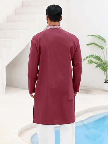 Runcati Mens Kaftan Thobe Cotton Henley Shirt Long Sleeve Embroidery Robe Casual Kurta Muslim Gown Shirt - color: Burgundy, size: Medium
