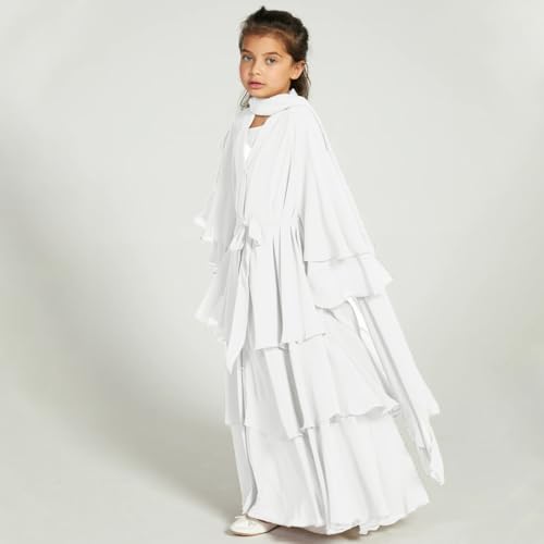 IDOPIP Muslim Girls Abayas Dress for Kids Long Sleeve Chiffon Islamic Kaftan Robe Open Front Cardigan Prayer Dress with Hijab - color: White, size: 4-5T