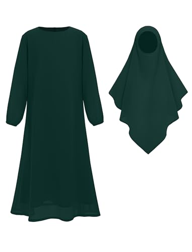 ODIZLI Kids Girls Ramadan Abaya Muslim Long Sleeve Hijab Chiffon Dress Dubai Kaftan with Pockets - color: Dark Green, size: 9-10 Years