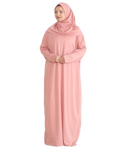 Women Prayer Clothes with Hijab Muslim Outfits Long Robe Abaya Turkish Islamic Dresses Dubai Kaftan with Rosary - color: Rose