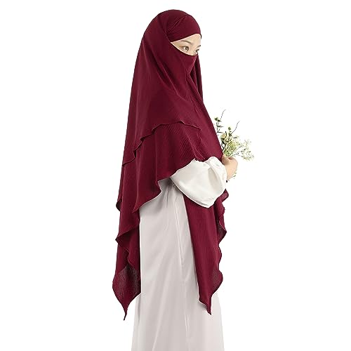 Khalat Muslim Prayer Hijab - 2 Layers Soft Breathable Islamic Dubai Women's Instant Long Hijab - color: Wine Red
