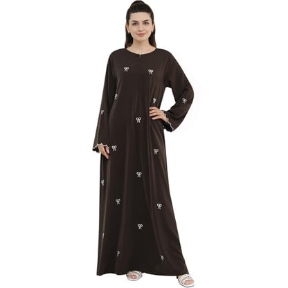 Abaya Dress for Muslim Women Bow Front Zipper Side Pockets Ramadan Eid Robe - color: Coffee, size: X-Large