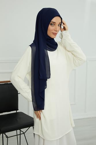 Aisha's Design Instant Chiffon Shawl for Women Modesty Turban Hijab Head Wrap Ready to Wear Women Headscarf - color: Navy Blue
