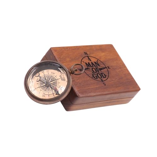 Man of God Compass – Psalm 18:32 Scripture Engraved – Solid Brass Pocket Compass with Engraved Wooden Box– Christian Gift for Men, Son, Husband, Graduation, Travel Keepsake