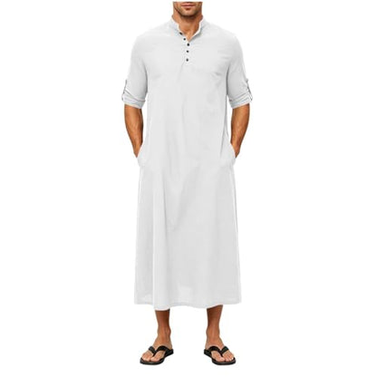 Men's Linen Kaftan Robe Button Down Long Sleeve Henley Collar Cotton Thobe Casual Loose Fit Stylish Gown Shirts - color: White, size: Small