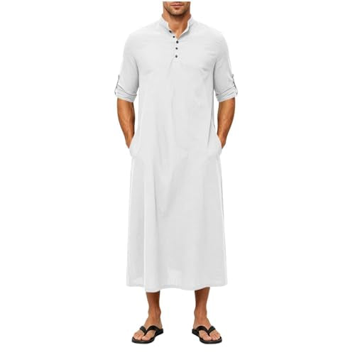 Men's Linen Kaftan Robe Button Down Long Sleeve Henley Collar Cotton Thobe Casual Loose Fit Stylish Gown Shirts - color: White, size: X-Large