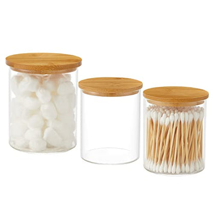 INIUNIK 3 Pack Glass Qtip Holder Dispenser, 20 oz and 11 oz Clear Glass Apothecary Jars, Bathroom Vanity Canisters Organizer Jars for Cotton Swabs, Balls, Rounds, Pads, Floss, Bath Salts - size: 3 Pack (20&11 oz)