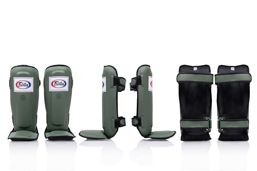 Fairtex SP3 Lightweight Shin Guards, Muay Thai MMA Avoid Shin Splints Gear | Featherweight synthetic shell with high-density padding. Articulated lower-leg armor enhances mobility and leg protection - color: Green Olive, size: Small/Kids