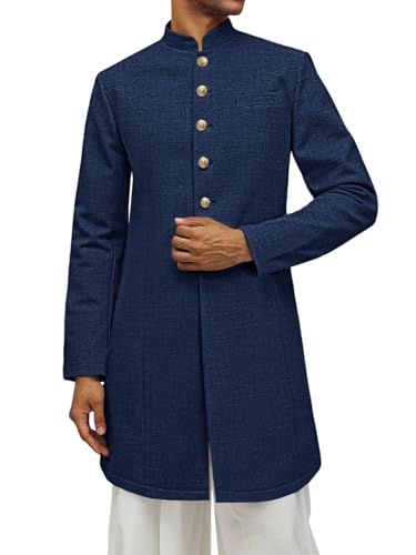 Runcati Mens Kurta Coats Indian Mandarin Collar Attire Ethnic Outfits Wedding Festive Party Clothing Casual Kaftan Robe - color: Navy, size: Medium