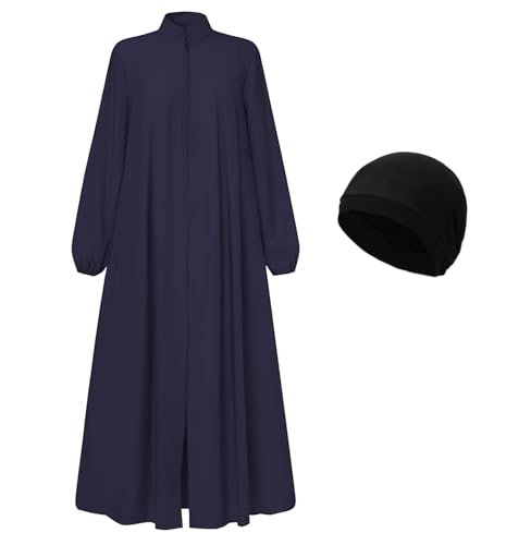 Womens Muslim Abaya Dress Front Zipper 2 Pockets Long Sleeve Prayer Islamic Clothes with Hijab Cap - color: Blue, size: Small