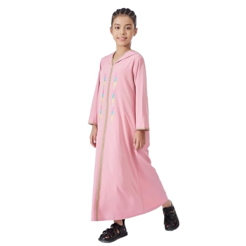 Kids Girls Abaya Muslim Long Sleeve Hooded Lace Embroidered Prayer Dress Arabic Kaftan Dubai Islamic Dresses - color: Pink Hoodies, size: 5-6 Years