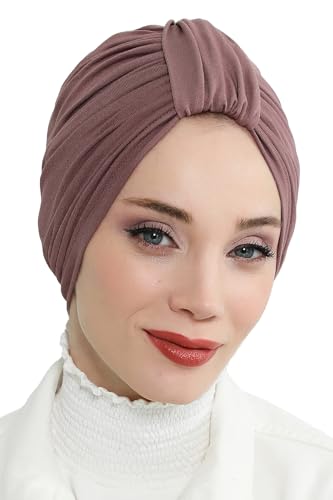 Aisha's Design Instant Turban Plain Cotton Scarf Head Wrap Lightweight Hat Bonnet Cap for Women - color: Dusty Rose