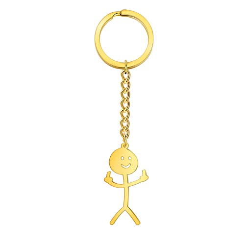 Dreamtimes Skeleton Smiley little Man Sign Language Keychain Finger Medium Stickman Bag Car Key Pendant Couple Gift Keychain - color: Gold