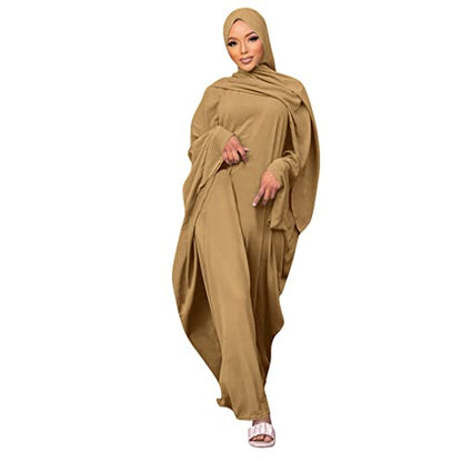 Muslim Dress for Women Pakistani Kaftan Abaya Robe + Hijab Arabic Islamic Prayer Clothes Dubai Outfits - color: Khaki Set