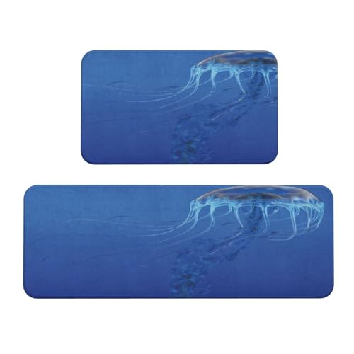 Kitchen Mat Set (2-Piece) – Cushioned Comfort, Spotted Jelly Fish Aquarium Life Marine Animals Easy Clean for Kitchen & Laundry