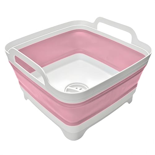 Collapsible Wash Basin 9L, Foldable Dish Tub with Drain Plug, Portable Collapsible Dish Basin, Camping Sink for Washing Dishes, Laundry & Kitchen Use (Pink) - color: Pink - Set of 1