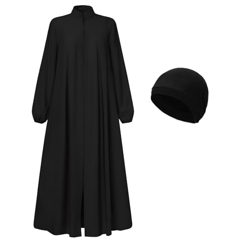 Womens Muslim Abaya Dress Front Zipper 2 Pockets Long Sleeve Prayer Islamic Clothes with Hijab Cap - color: Black, size: Medium