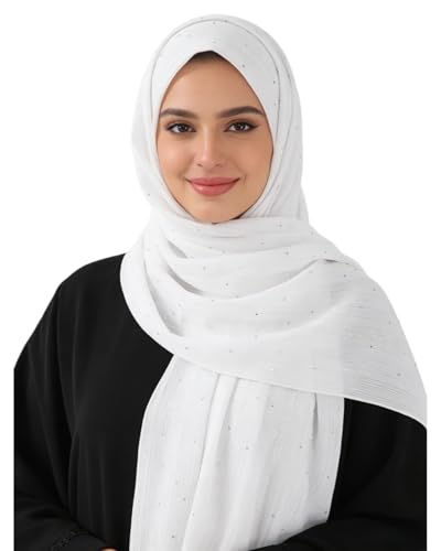 JUMISEE Sparkly Rhinestone Hijab Scarf for Women Glitter Wrinkle Chiffon Muslim Instant Hijab Long Scarves Head Wrap Shawls - color: White