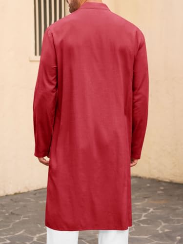 Runcati Mens Kaftan Thobe Button Down Long Sleeve Robe Casual Henley Shirt Cotton Muslim Gown Kurta Tops - color: Burgundy, size: Medium