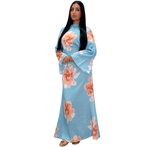 FYMNSI Womens Muslim Dresses Bell Sleeve Floral Butterfly Abaya Modest Dubai Kaftan Islamic Dress Eid Ramadan Prayer Clothes - color: Light Blue, size: Medium