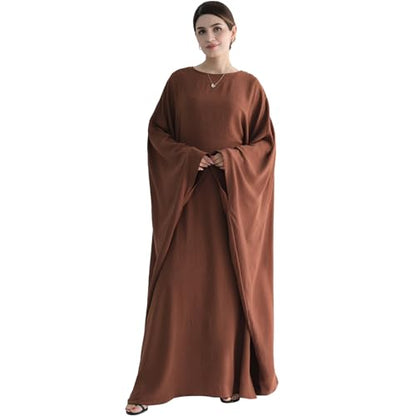 Muslim Abaya Dress Women Middle East Arabian Prayer Robe Batwing Maxi Kaftan Abaya Dress with Hijab - color: Coffee