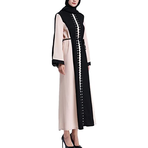 Traditional Muslim Women Abaya Dress 3D Fower Blooming Long Sleeve Maxi Length Cardigan Robe with Sashes Saudi Arab Dubai (L, 49# Khaki spliced black)