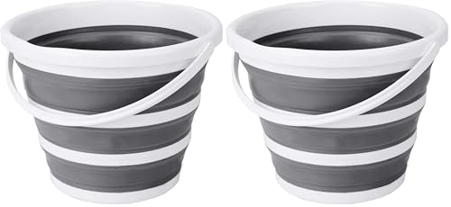Indoor and Outdoor Collapsible Bucket with Handle, 10 Liters, 2.6 Gallons, Gray and White (Pack of 2) - size: 13.2” x 13” x 9.6” (Pack of 2)