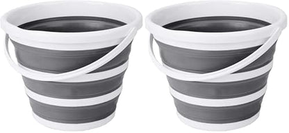 Indoor and Outdoor Collapsible Bucket with Handle, 10 Liters, 2.6 Gallons, Gray and White (Pack of 2) - size: 13.2” x 13” x 9.6” (Pack of 2)