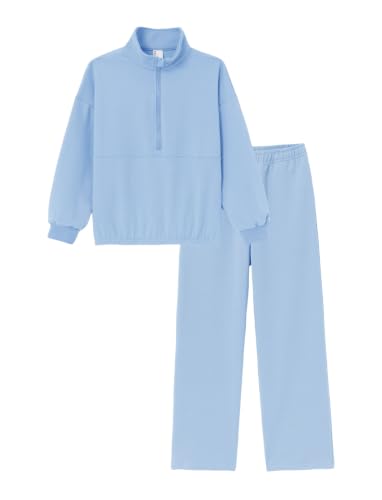 PATPAT Girls Sweatsuit 2 Piece Outfit Half Zip Sweatshirt Wide Leg Pants - color: Blue, size: 7-8 Years