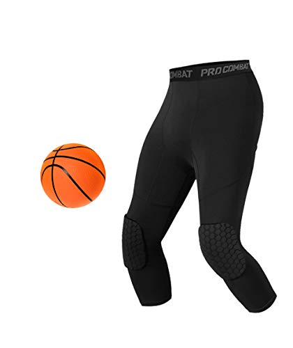 Unlimit Basketball Pants with Knee Pads, Black Knee Pads Compression Pants, 3/4 Capri Leggings - size: Large