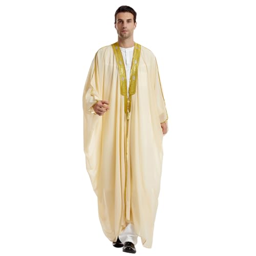 Qianliniuinc Thobe for Men Islamic Arabic Robe - Muslim Prayer Clothes Loose Abaya Clothing Casual Kaftan Long Sleeve - color: Beige, size: Medium