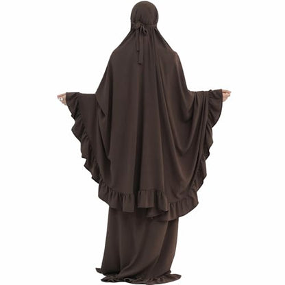 2PCS Women Muslim Prayer Abaya Dress Ruffle Trim Side Pockets with Khimar - color: Coffee, size: Large