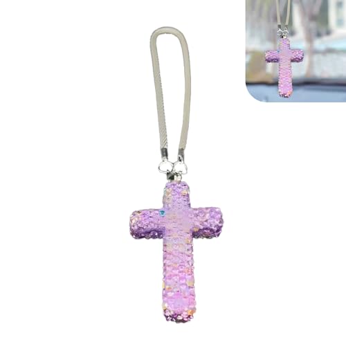 Bling Cross Car Hanging Accessories, Crystal Rhinestone Rear View Mirror Pendant, Religious Rearview Mirrors Decoration Charm, Car Hanging Ornament, Automotive Interior Accessories (Purple) - color: Purple