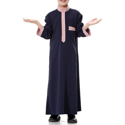 Arabic Thobe for Muslim Boys Eid Outfit Long Sleeve Kaftan Kids Prayer Dress Boys Muslim Thobe Ramadan Islamic Clothing - color: Navy, size: 3-4T