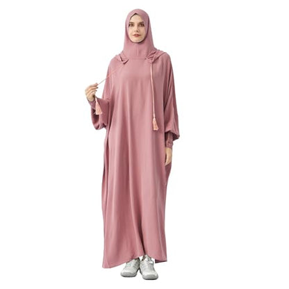 Abaya Muslim Dress Women Prayer Dress Long Sleeve Hooded Loose Maxi Dress Arabian Dubai Islamic Clothes - color: Pink