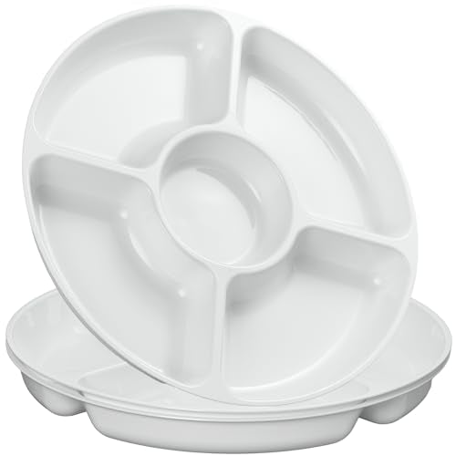PLASTICPRO 5 Sectional Round Plastic Heavy duty Serving Tray/Platters White Pack of 2 - color: White