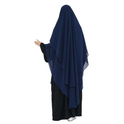 SYANKANGXIAO Ramadan Eid Khimar Abaya Turkey Islam Muslim Chiffon 2 Layers Long Hijab Dress Prayer for Women Full Cover Robe - color: Dark Blue