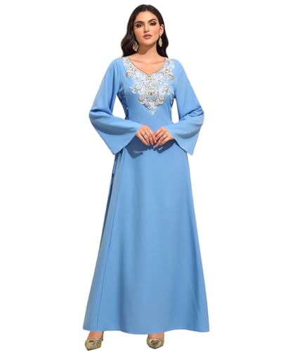 Women Abaya Kaftan Dress Traditional Islamic Attire Maxi Robe Muslim Eid Prayer Gown - color: Light Blue, size: X-Large