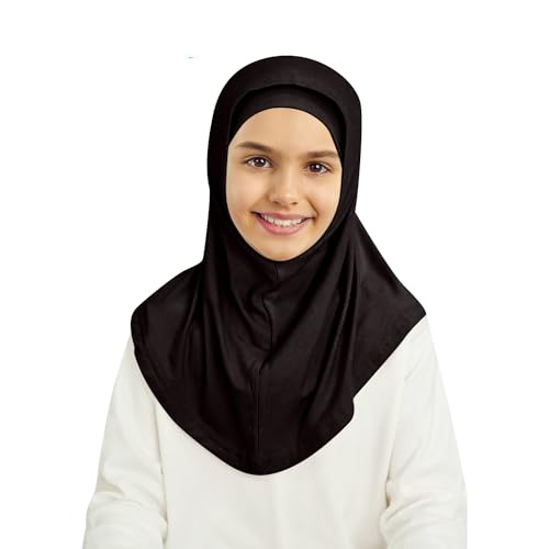 Kids Hijab Scarf for Girls Two-Piece Amira School Uniform Stretch Jersey Modal Child Size Hijabs-with Tube Underscarf Cap - color: Black