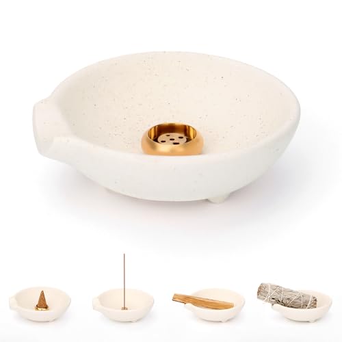 Incense Holder for Sticks Cones Tealight Candles Bricks Sage Palo Santo Multifunctional Incense Burner Bowl with Brass Holders Ceramic Incense Stick Holder with Ash Catcher - size: 4'' Ceramic Bowl & Holders