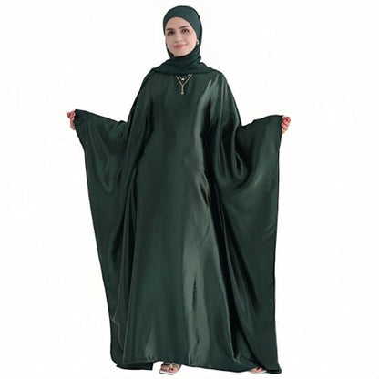 Abaya Muslim Women Dress Satin Batwing Sleeve Kaftan Maxi Arabian Dubai Islamic Ramadan Prayer Dress with Hijab Scarf - color: Dark Green