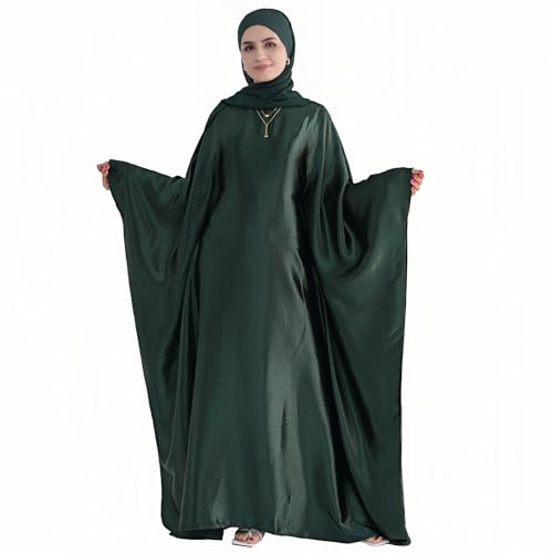 Abaya Muslim Women Dress Satin Batwing Sleeve Kaftan Maxi Arabian Dubai Islamic Ramadan Prayer Dress with Hijab Scarf - color: Dark Green