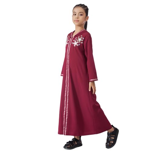 Kids Girls Abaya Muslim Eid Dress Gold Embroidered Lace Hooded Maxi Kaftan Robe Islamic Dubai Prayer Clothes - color: B-red, size: 10 Years
