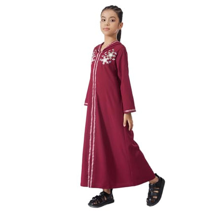 Kids Girls Abaya Muslim Eid Dress Gold Embroidered Lace Hooded Maxi Kaftan Robe Islamic Dubai Prayer Clothes - color: B-red, size: 6 Years